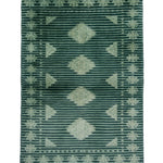 パキスタン・ラホール産の深緑手織り絨毯。中央に並ぶジャルダール柄と規則的なストライプ。