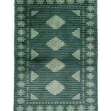 パキスタン・ラホール産の深緑手織り絨毯。中央に並ぶジャルダール柄と規則的なストライプ。