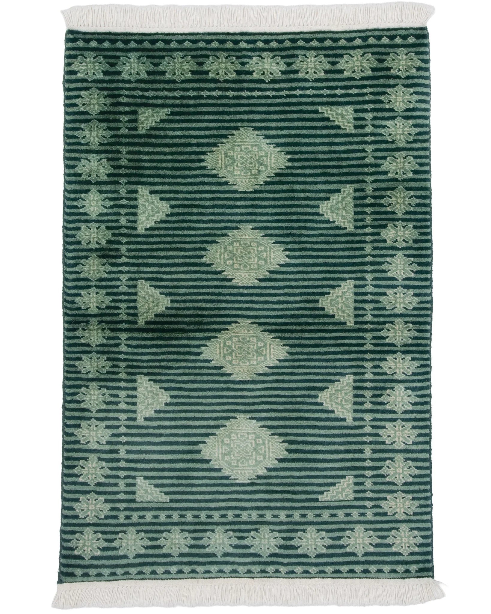 パキスタン・ラホール産の深緑手織り絨毯。中央に並ぶジャルダール柄と規則的なストライプ。