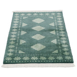 パキスタン絨毯の角部分と白いフリンジのディテール。ジャルダール柄とストライプ模様が見える。