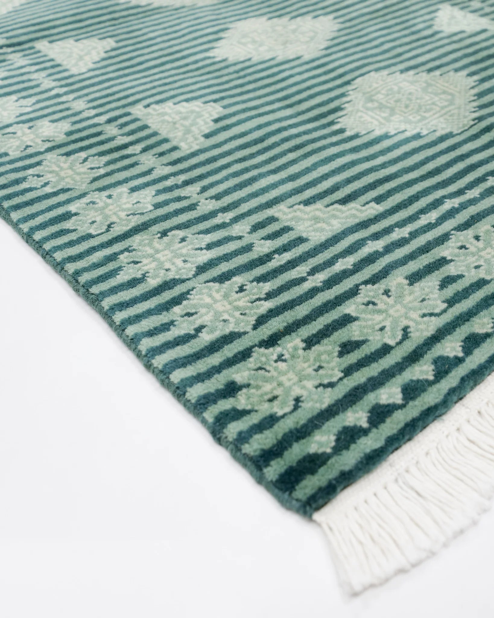 パキスタン・ラホール産手織り絨毯｜深緑の伝統文様 ストライプ 64×95cm ウール100%