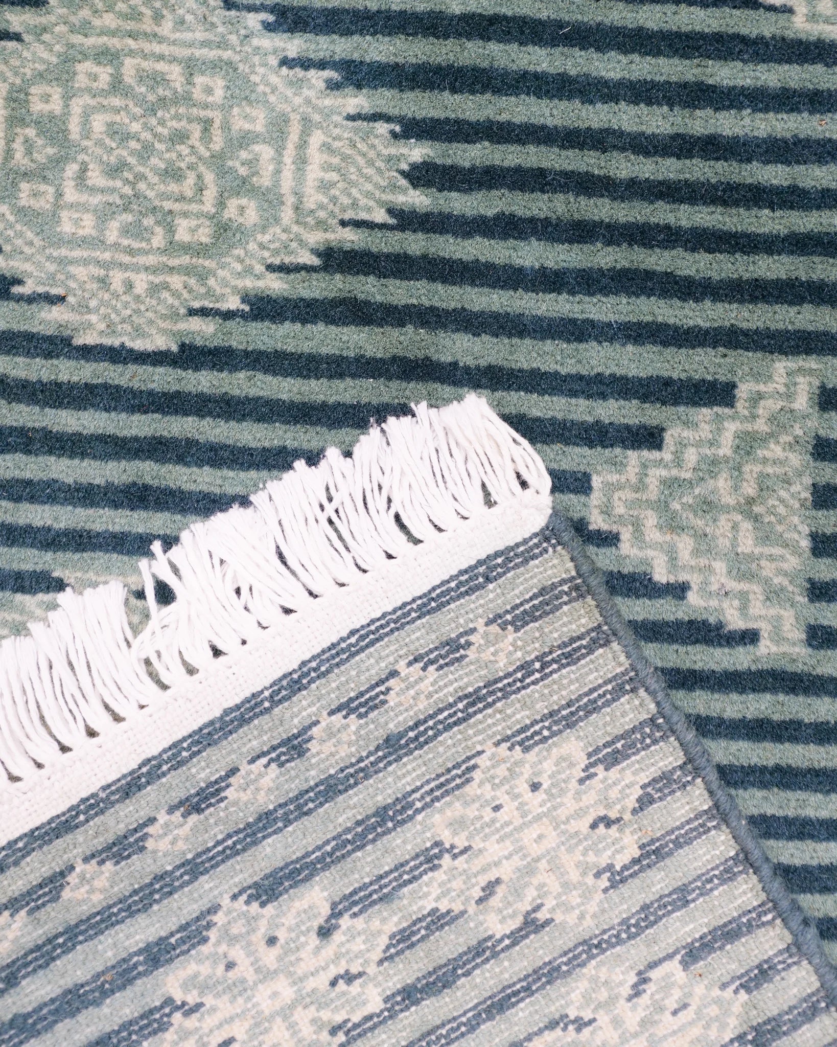 パキスタン手織り絨毯の縁部分。花のようなボーダー文様とストライプ模様のディテール。