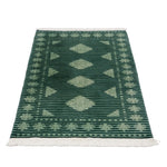 深緑のパキスタン・ラホール産手織り絨毯。ジャルダール柄とストライプが融合したデザイン。