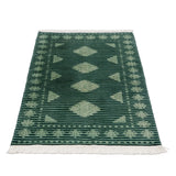 深緑のパキスタン・ラホール産手織り絨毯。ジャルダール柄とストライプが融合したデザイン。