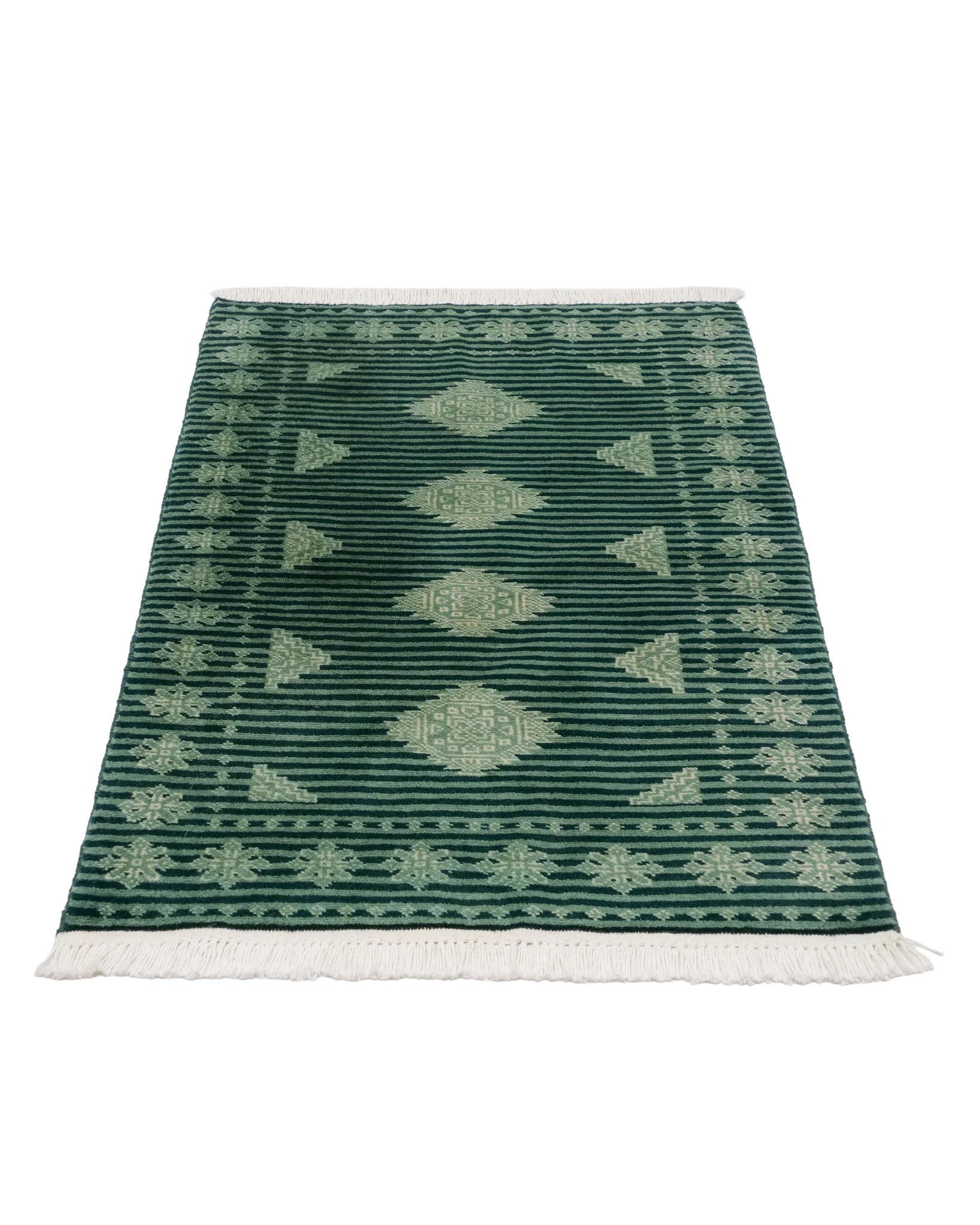 深緑のパキスタン・ラホール産手織り絨毯。ジャルダール柄とストライプが融合したデザイン。