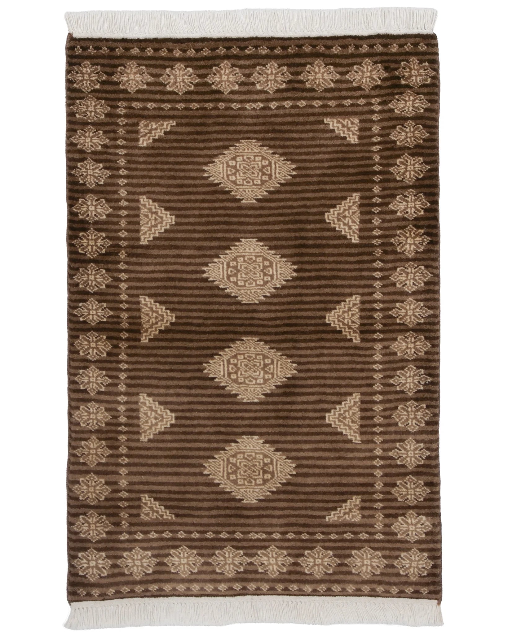 ラホール産 パキスタン絨毯 61x94cm ジャルダール柄 ウール製 手織りラグ 茶系 ストライプ入り モダンなデザイン