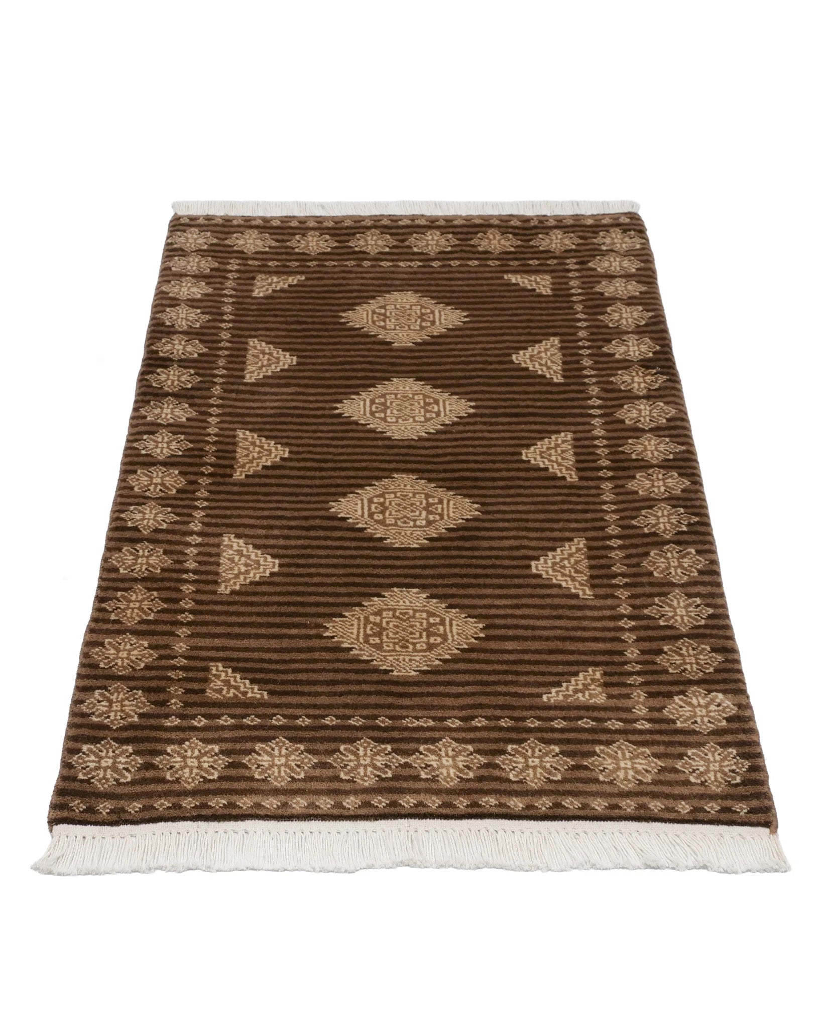 ラホール産 パキスタン絨毯 61x94cm ジャルダール柄 ウール製 手織りラグ 茶系 ストライプ入り モダンなデザイン