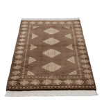 ラホール産 パキスタン絨毯 61x94cm ジャルダール柄 ウール製 手織りラグ 茶系 ストライプ入り モダンなデザイン