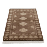 ラホール産 パキスタン絨毯 61x94cm ジャルダール柄 ウール製 手織りラグ 茶系 ストライプ入り モダンなデザイン