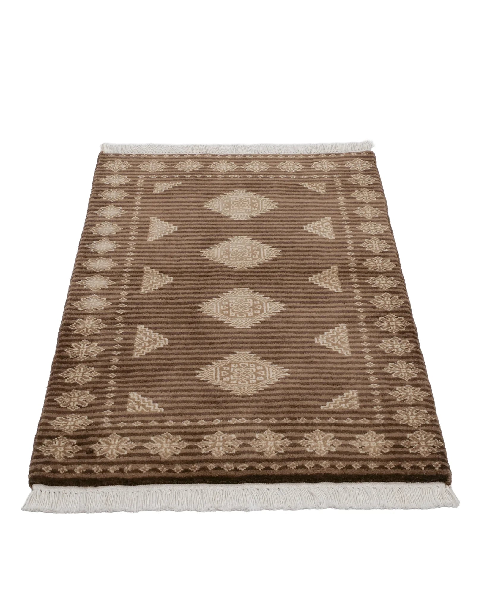 ラホール産 パキスタン絨毯 61x94cm ジャルダール柄 ウール製 手織りラグ 茶系 ストライプ入り モダンなデザイン