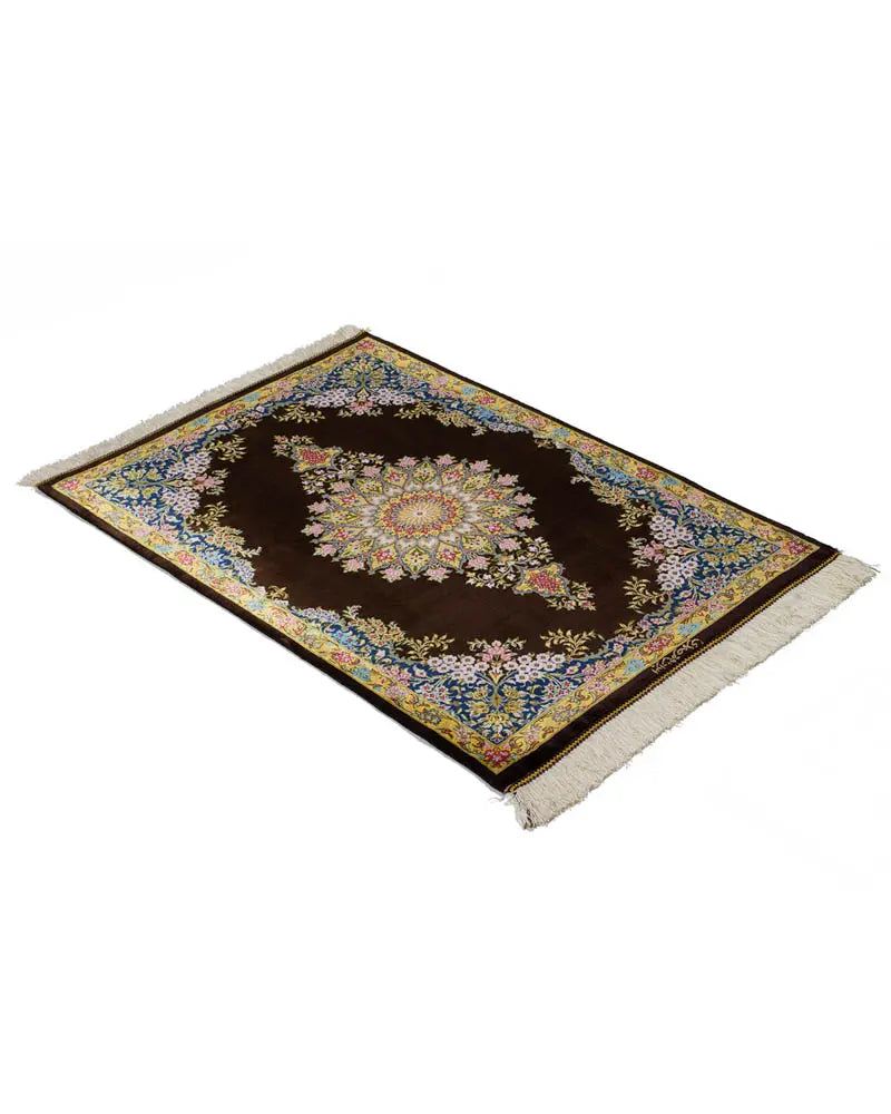 ペルシャ絨毯 クム産 サマディ工房 シルク 60×88cm 茶 玄関マット