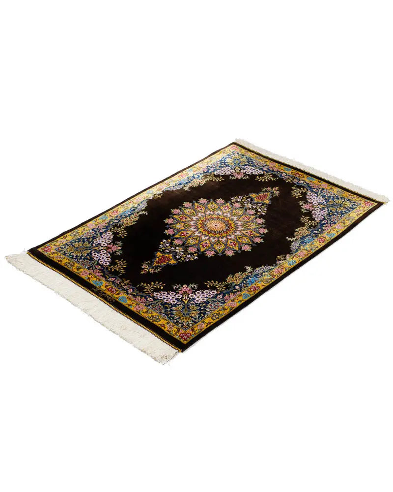 ペルシャ絨毯 クム産 サマディ工房 シルク 60×88cm 茶 玄関マット