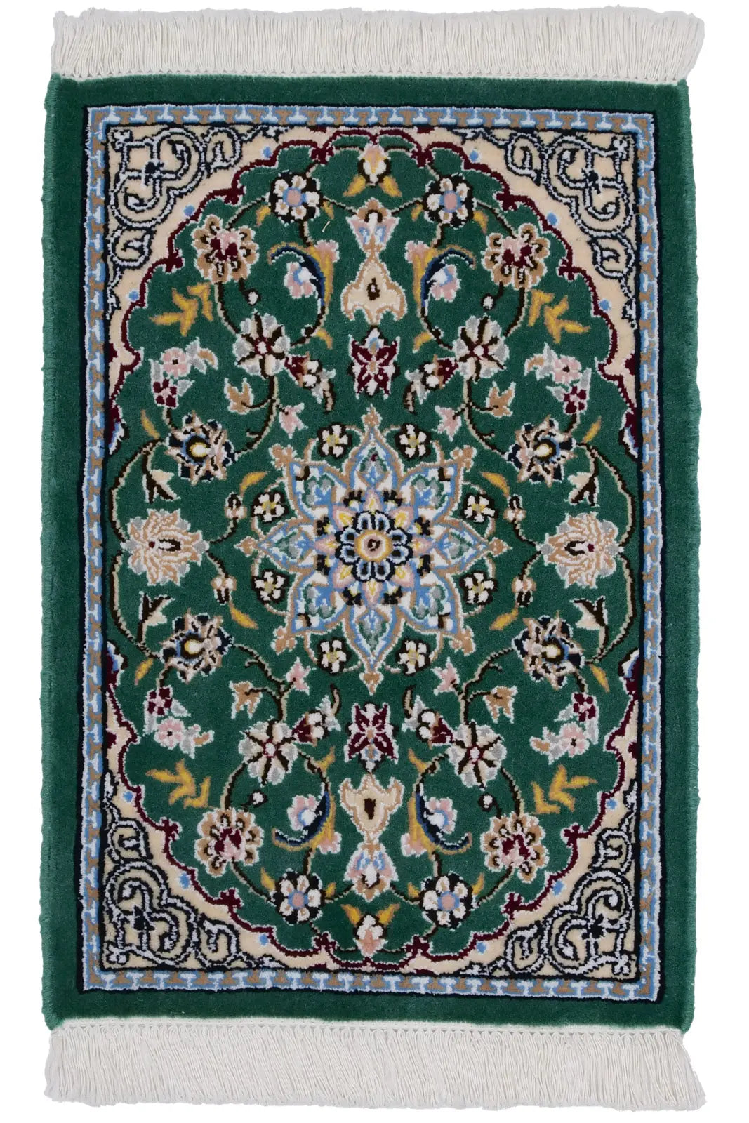 ペルシャ絨毯 ナイン産 ウール 40×60cm 緑 玄関マット 手織り｜SATHI RUGS