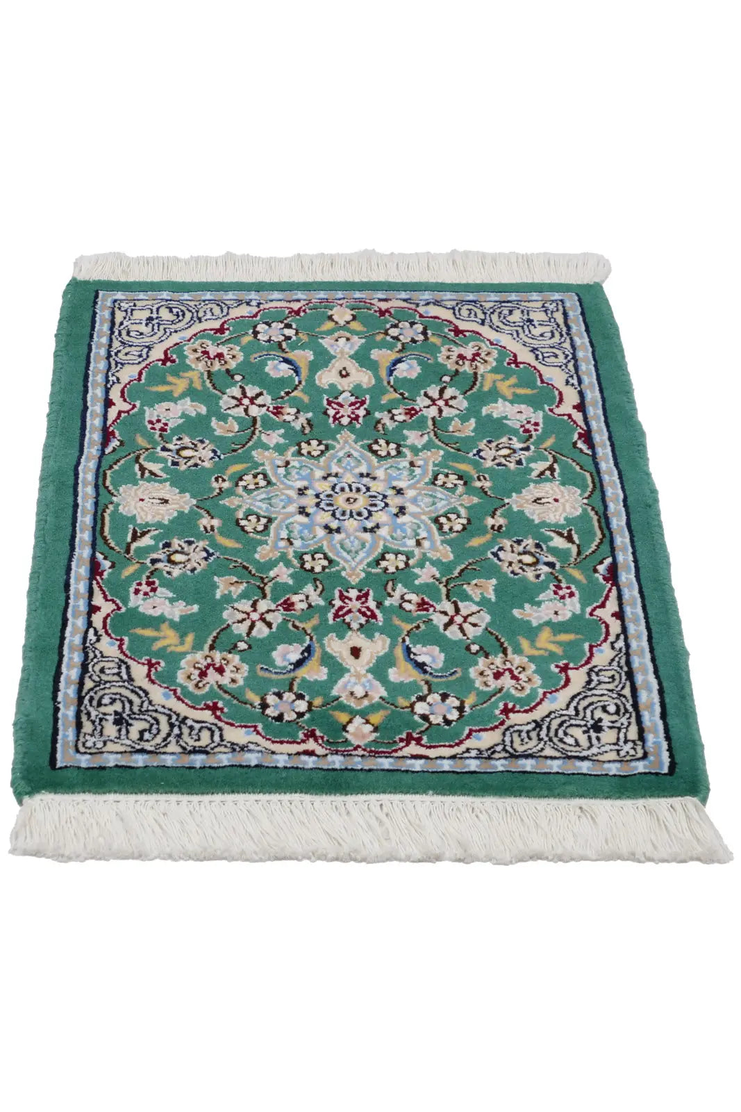 ペルシャ絨毯 ナイン産 ウール 40×60cm 緑 玄関マット 手織り｜SATHI RUGS