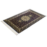 ペルシャ絨毯 クム産 ムサヴィ工房 シルク ネイビー 紺 玄関マット