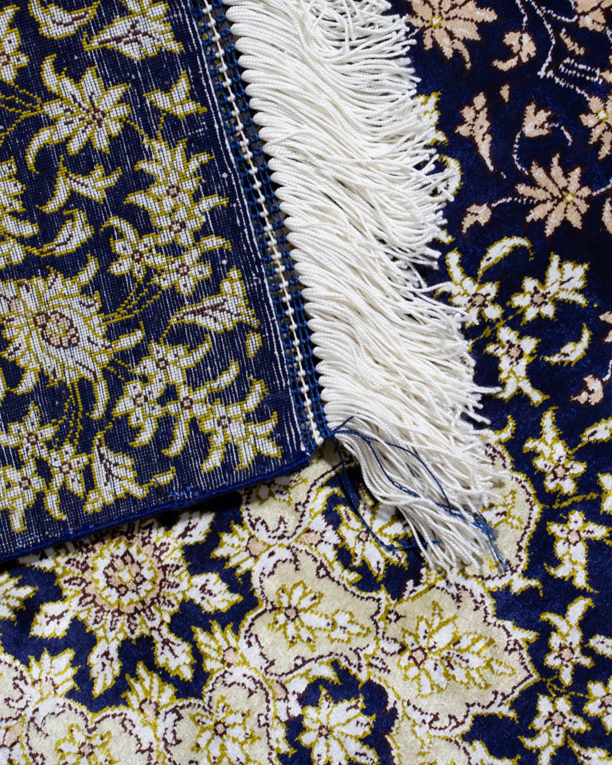 ペルシャ絨毯 クム産 ムサヴィ工房 シルク ネイビー 紺 玄関マット