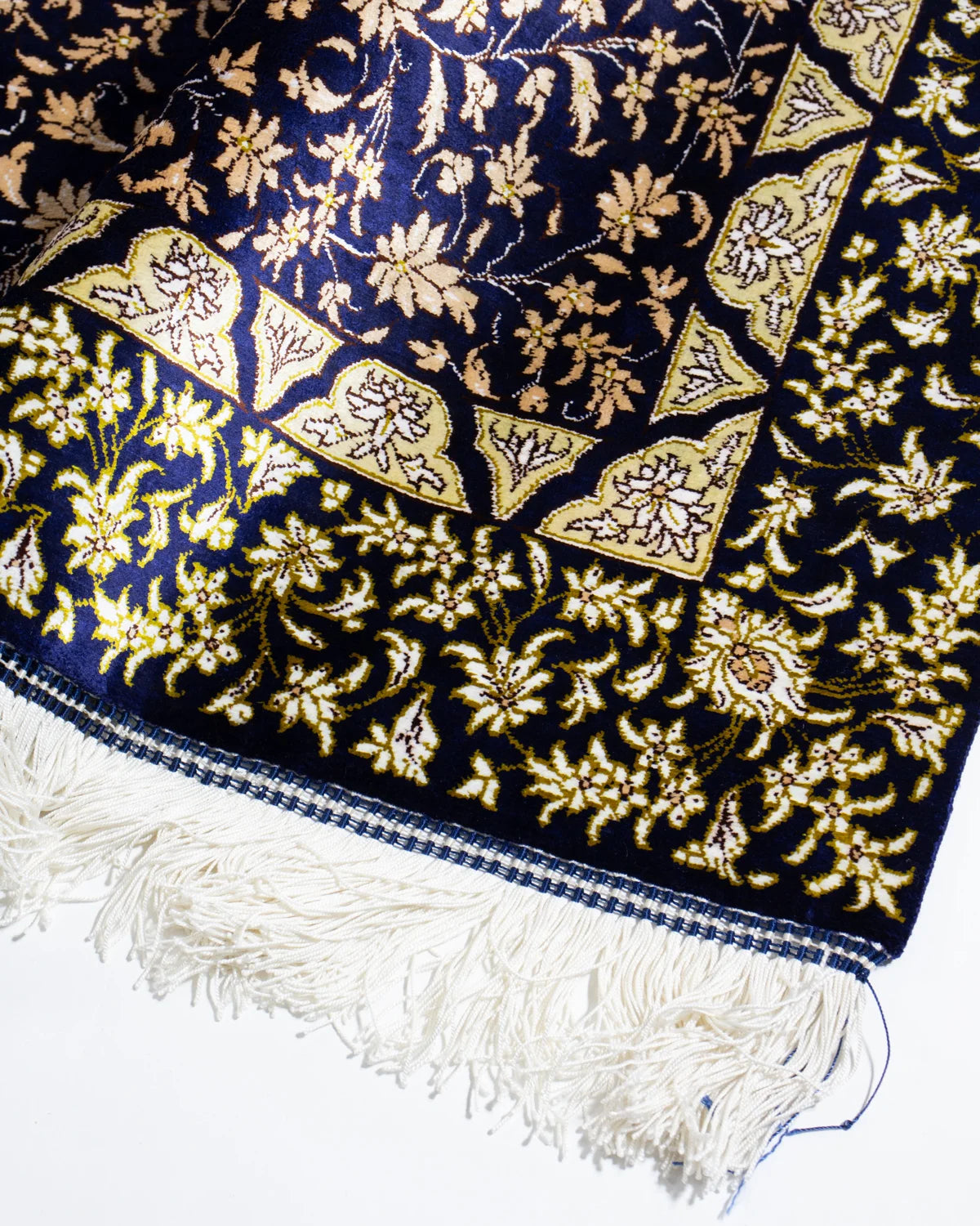 ペルシャ絨毯 クム産 ムサヴィ工房 シルク ネイビー 紺 玄関マット