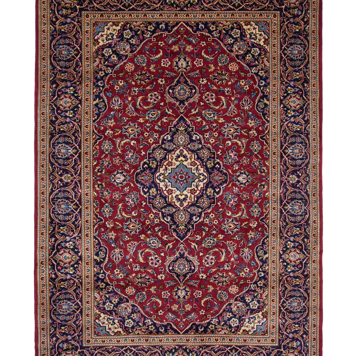 カシャーン産ペルシャ絨毯 200×300cm 三重菱形メダリオンと四隅のコーナーモチーフ、赤地にシャーアッバシー唐草と小花が織り込まれた手織りウールラグ