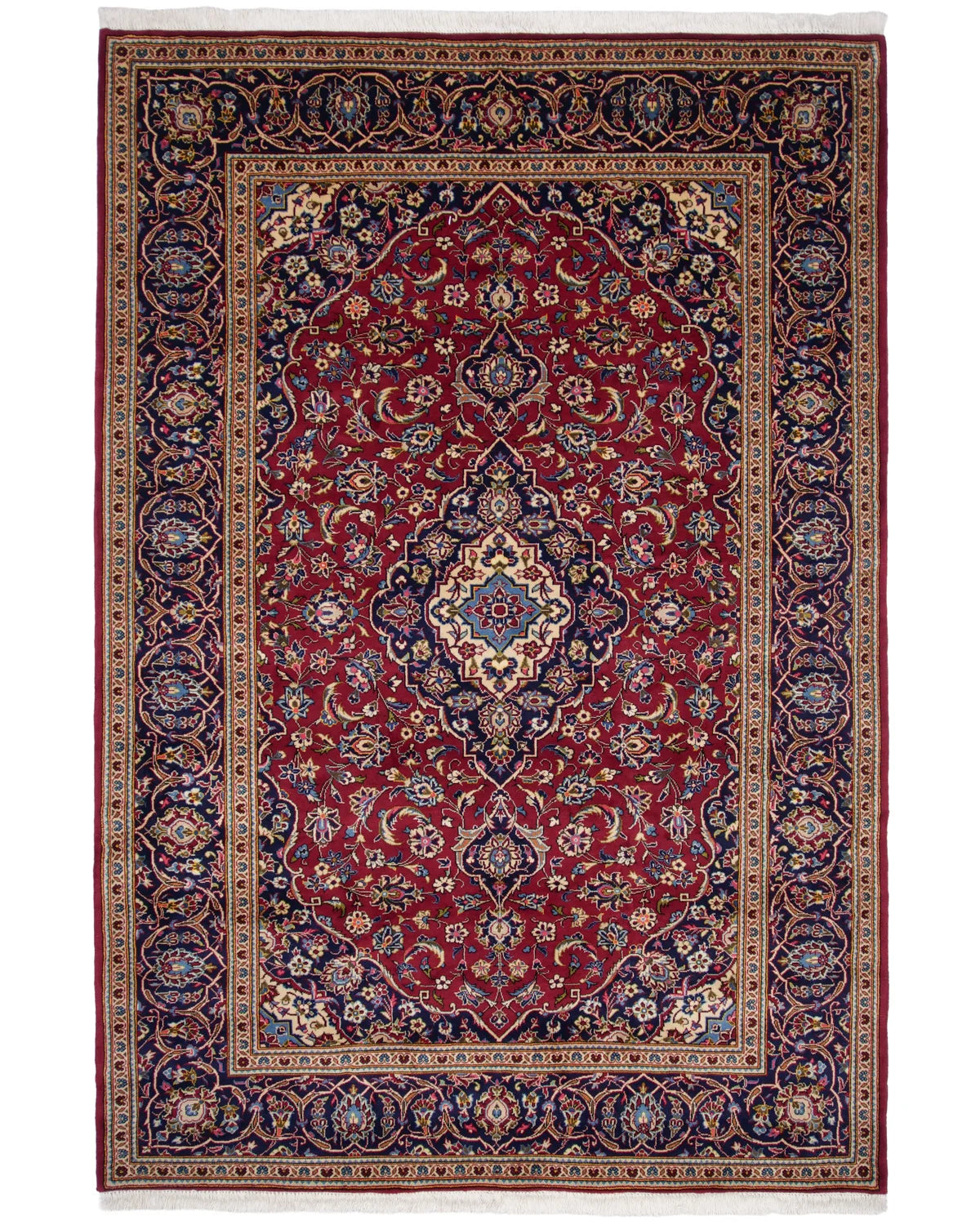 カシャーン産ペルシャ絨毯 200×300cm 三重菱形メダリオンと四隅のコーナーモチーフ、赤地にシャーアッバシー唐草と小花が織り込まれた手織りウールラグ