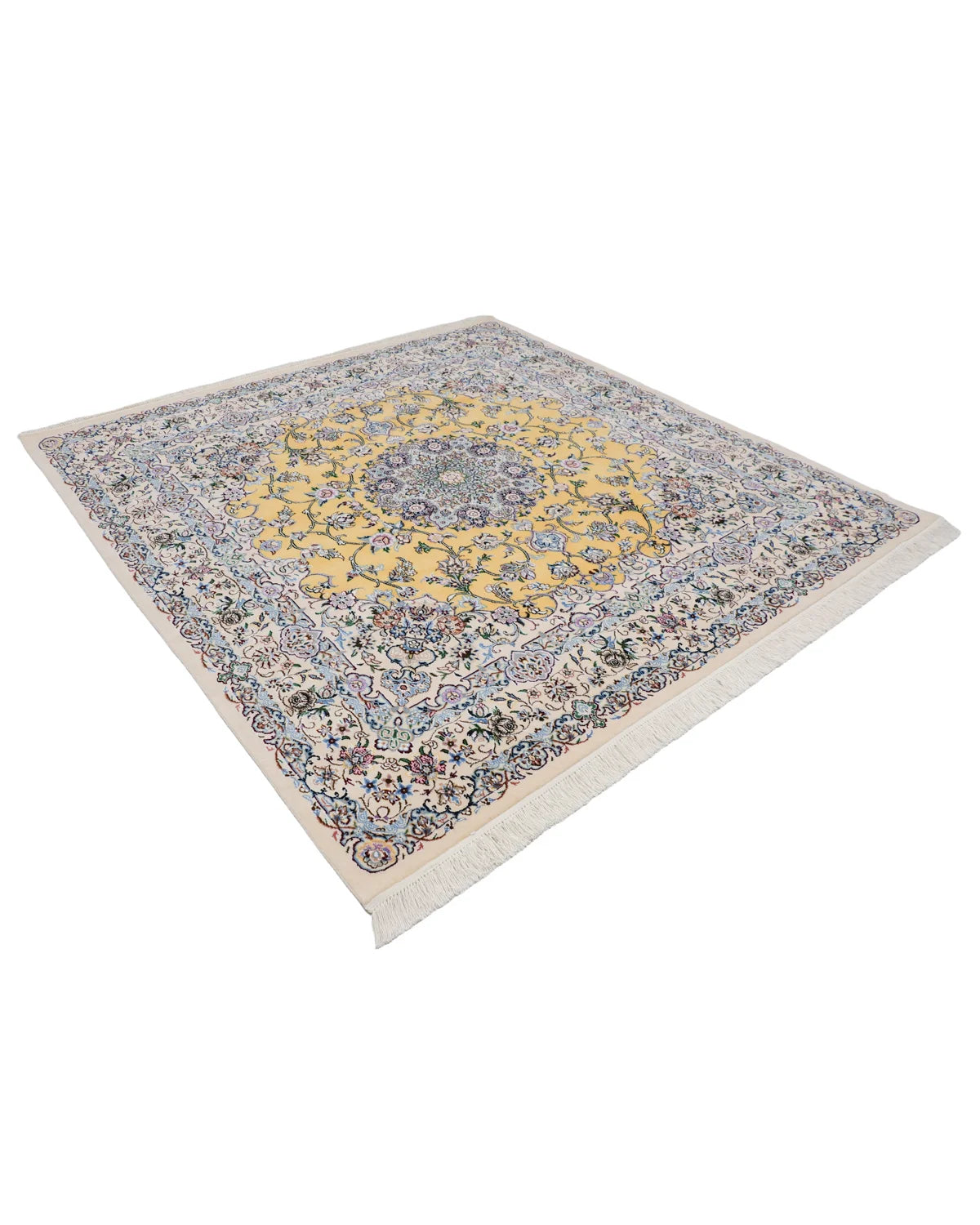 ペルシャ絨毯 ナイン産 ウール 200×200cm 黄 リビング 手織り|SATHI RUGS ペルシャ絨毯 ナイン産 ウール 200×200cm 黄 リビング 手織り|SATHI RUGS