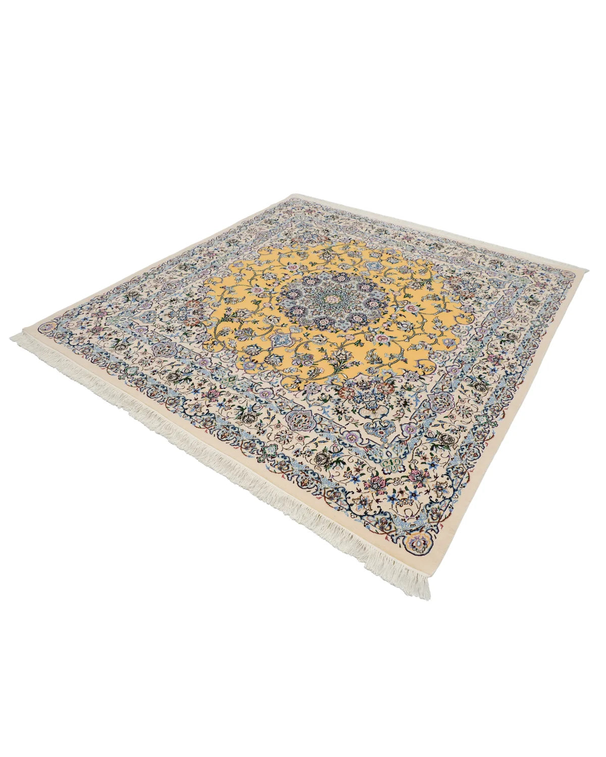 ペルシャ絨毯 ナイン産 ウール 200×200cm 黄 リビング 手織り｜SATHI RUGS
