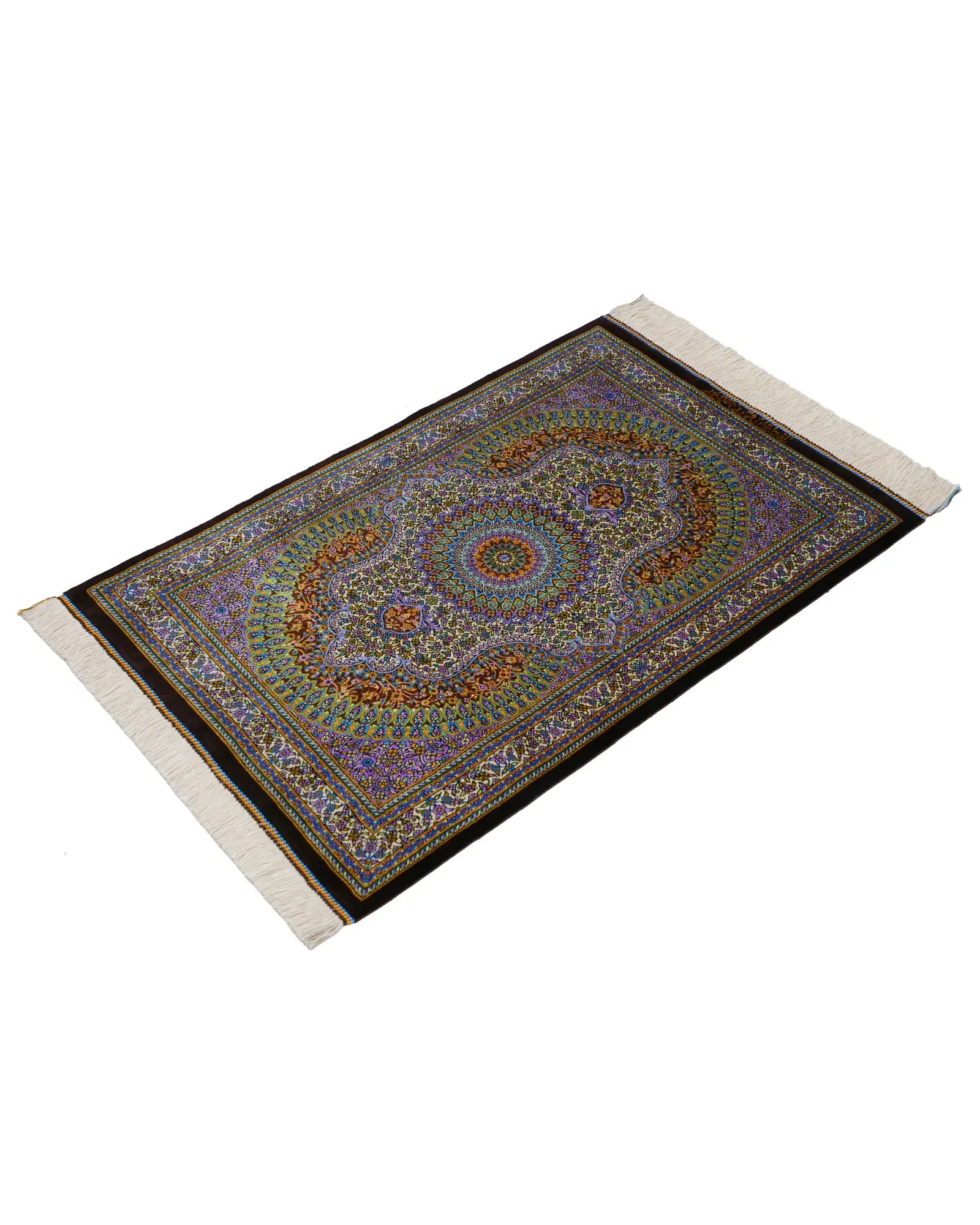ペルシャ絨毯 クム産シルク アリプール工房 約60×90cm マルチカラー 全体