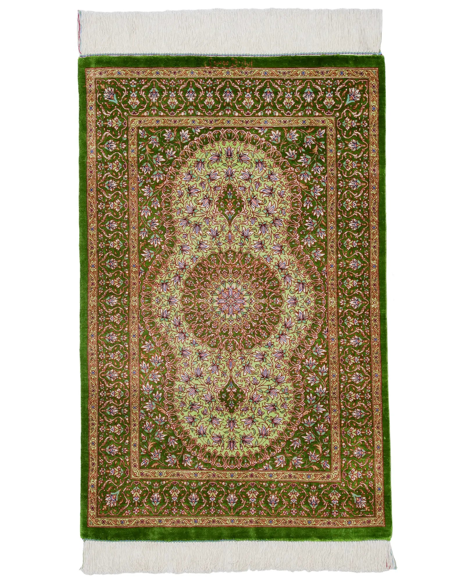 クム産シルク絨毯 ムサビ工房 約60×90cm グリーン 俯瞰