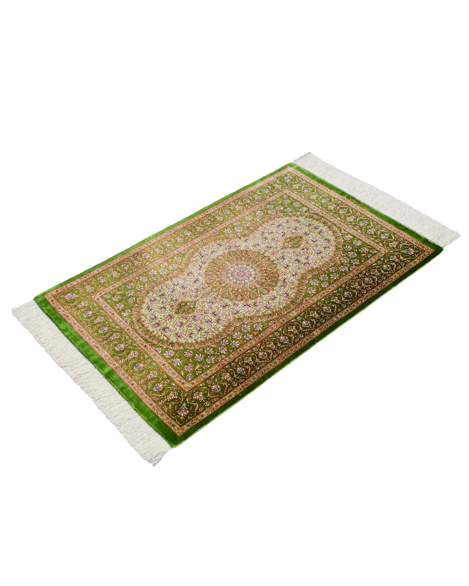 ペルシャ絨毯 クム産シルク ムサビ工房 約60×90cm グリーン 全体