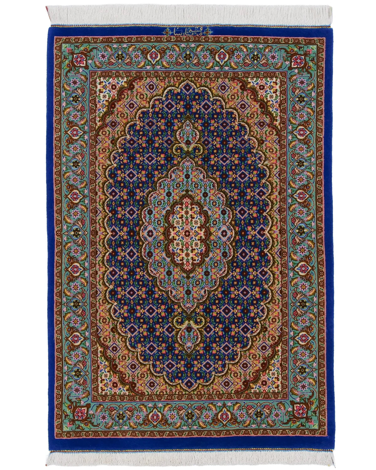 ペルシャ絨毯 クム産 パルサ工房 ウール 83×122cm 青 玄関マット