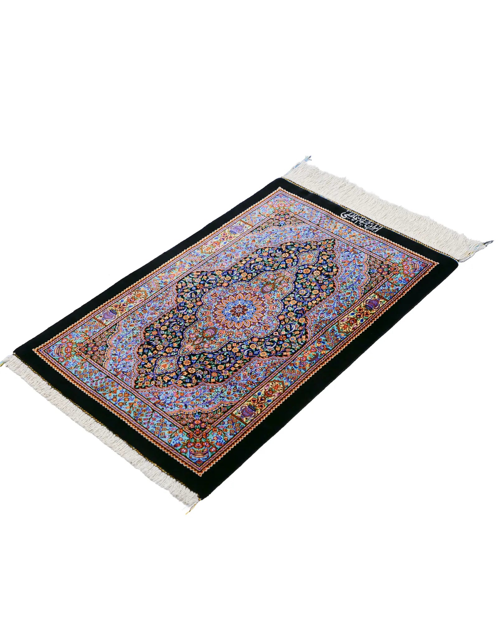 ペルシャ絨毯 クム産シルク エスマエイリ工房 約48×72cm ネイビー 全体