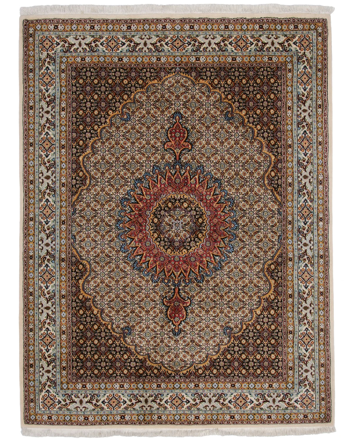 ムード産ペルシャ絨毯 約145×195cm｜全面のマヒ文様と赤青メダリオン、幾何学模様と唐草で飾られたボーダーが特徴の手織りウールラグ