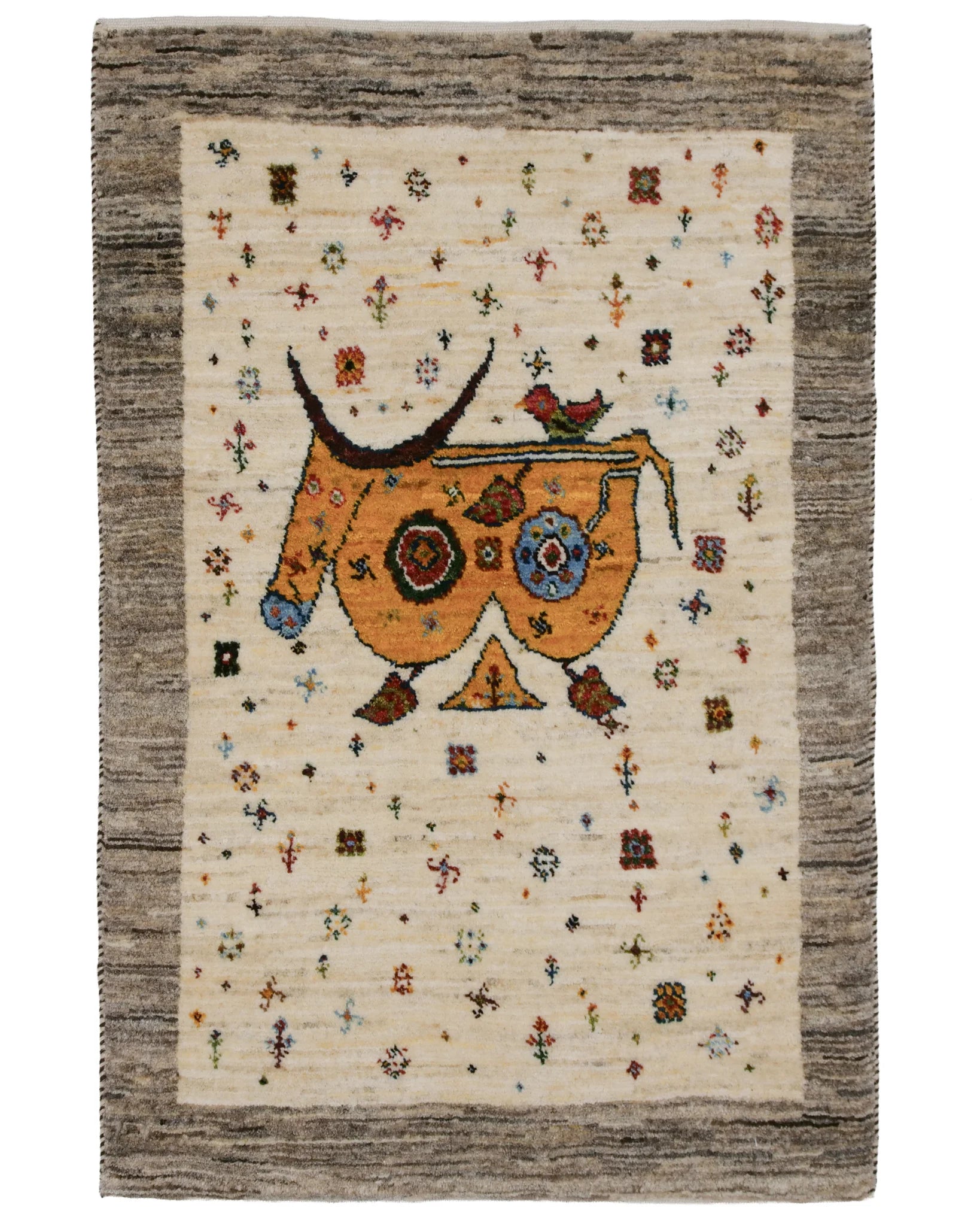 ペルシャ絨毯 ギャッベ カシュクリ 65x98cm 玄関マット 牛 ナチュラル ウール100％ 手織り ラグ