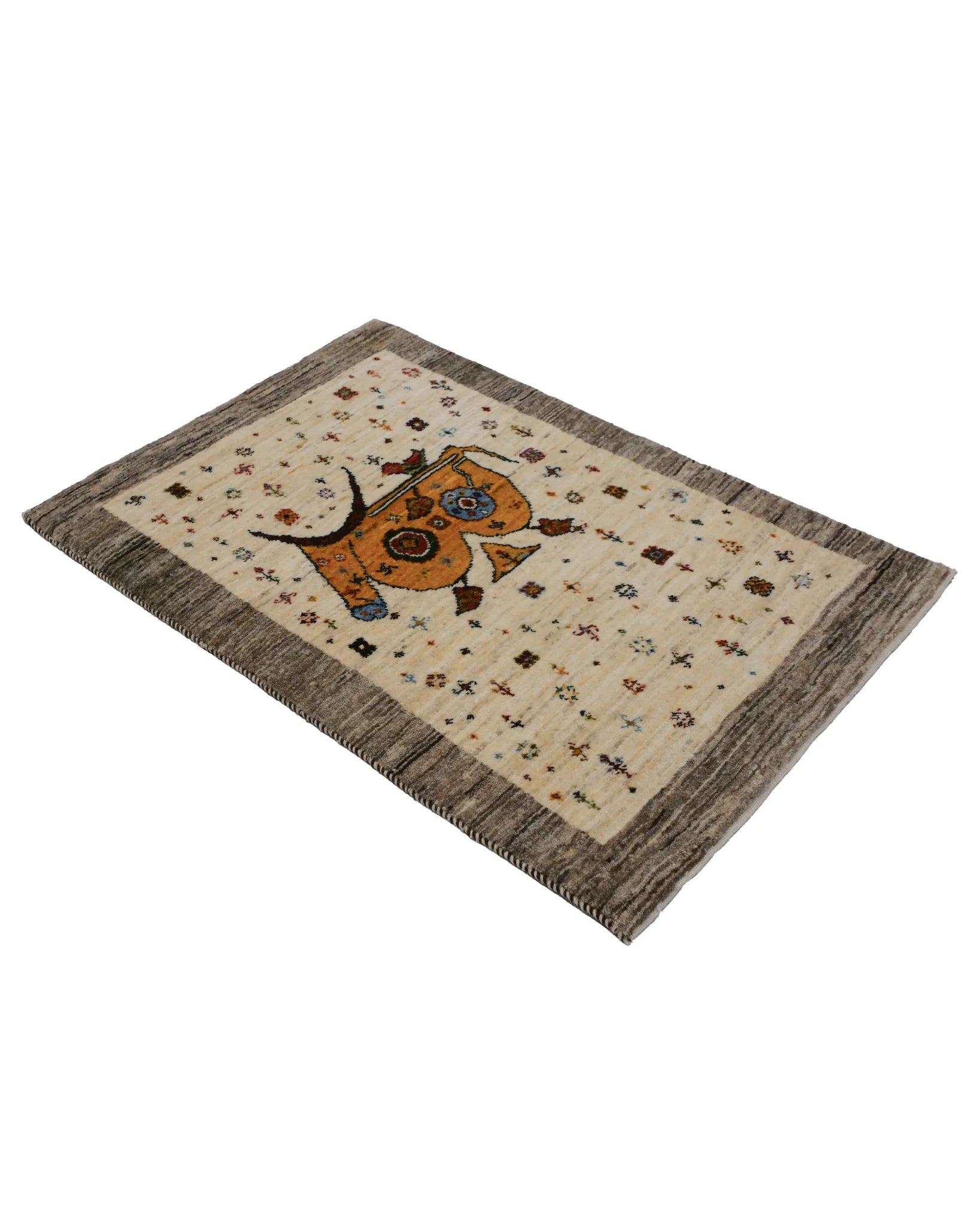 ペルシャ絨毯 ギャッベ カシュクリ 65x98cm 玄関マット 牛 ナチュラル ウール100％ 手織り ラグ