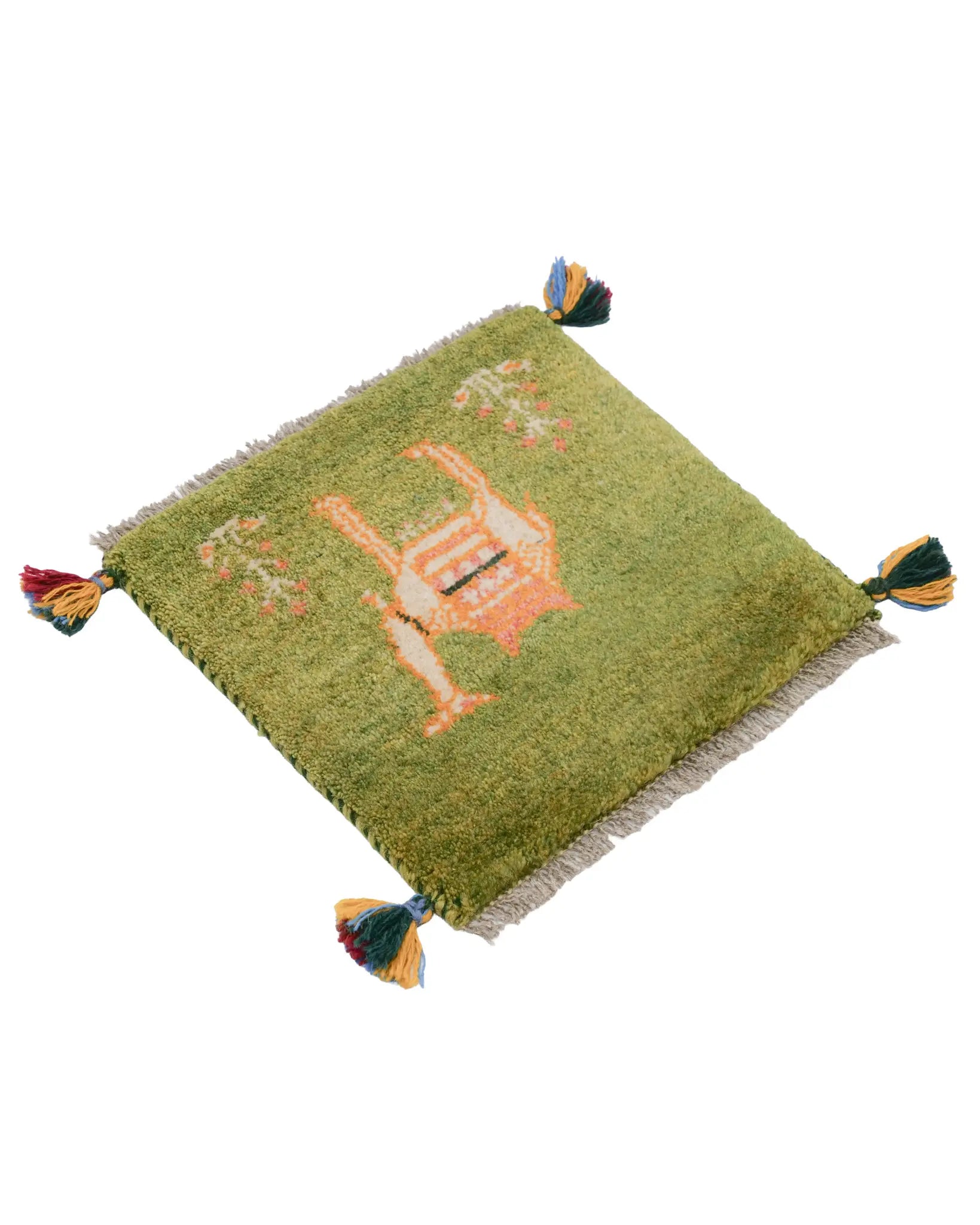 ペルシャ絨毯 ギャッベ 39x40cm 座布団 ラクダ ミニ ラグ 緑 グリーン