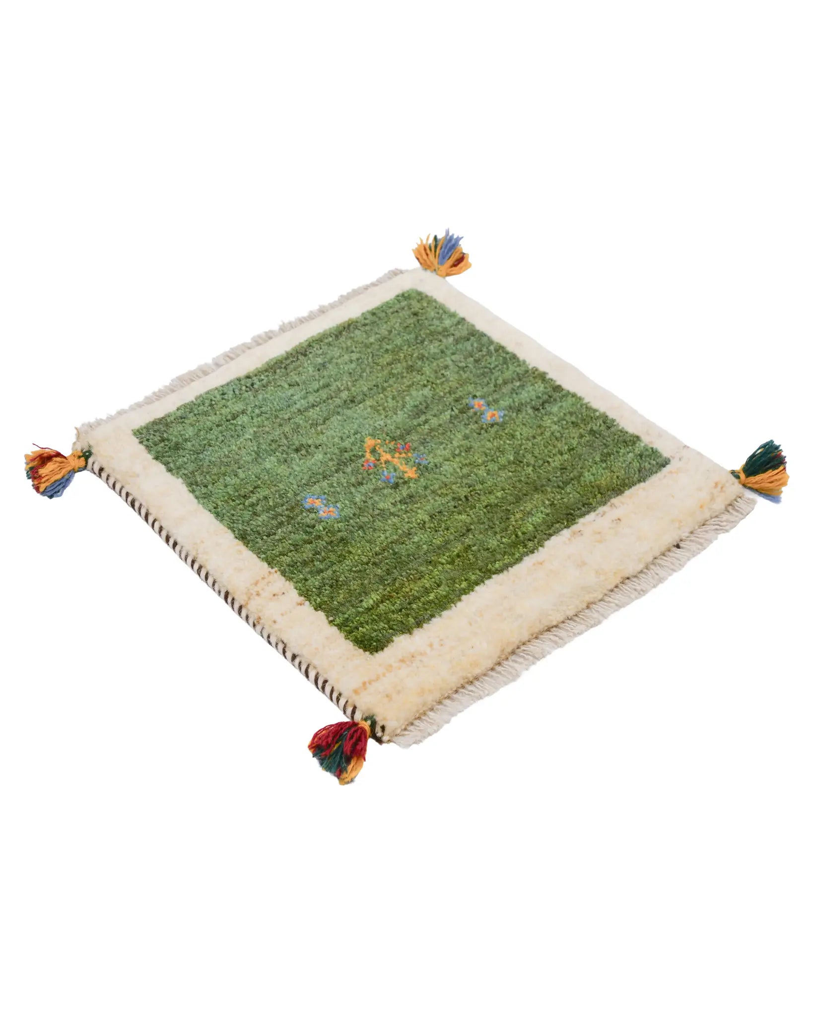 ペルシャ絨毯 ギャッベ 座布団 43x44cm ミニ ラグ 緑 グリーン