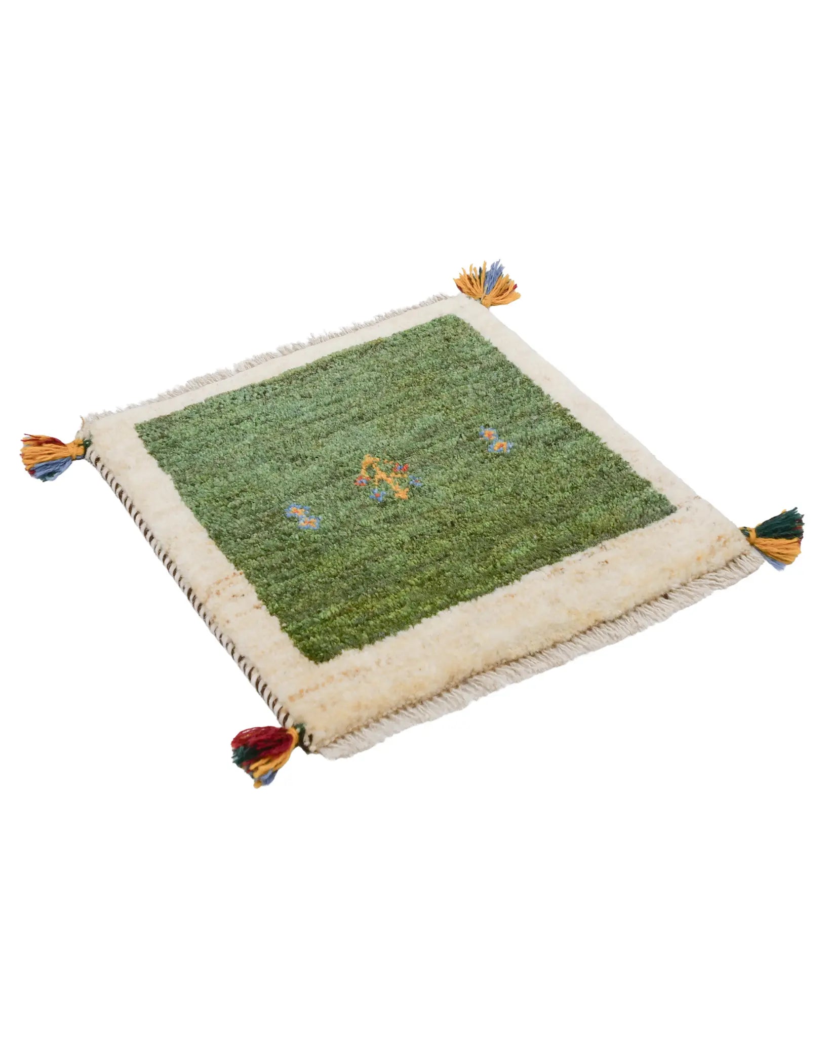 ペルシャ絨毯 ギャッベ 座布団 43x44cm ミニ ラグ 緑 グリーン