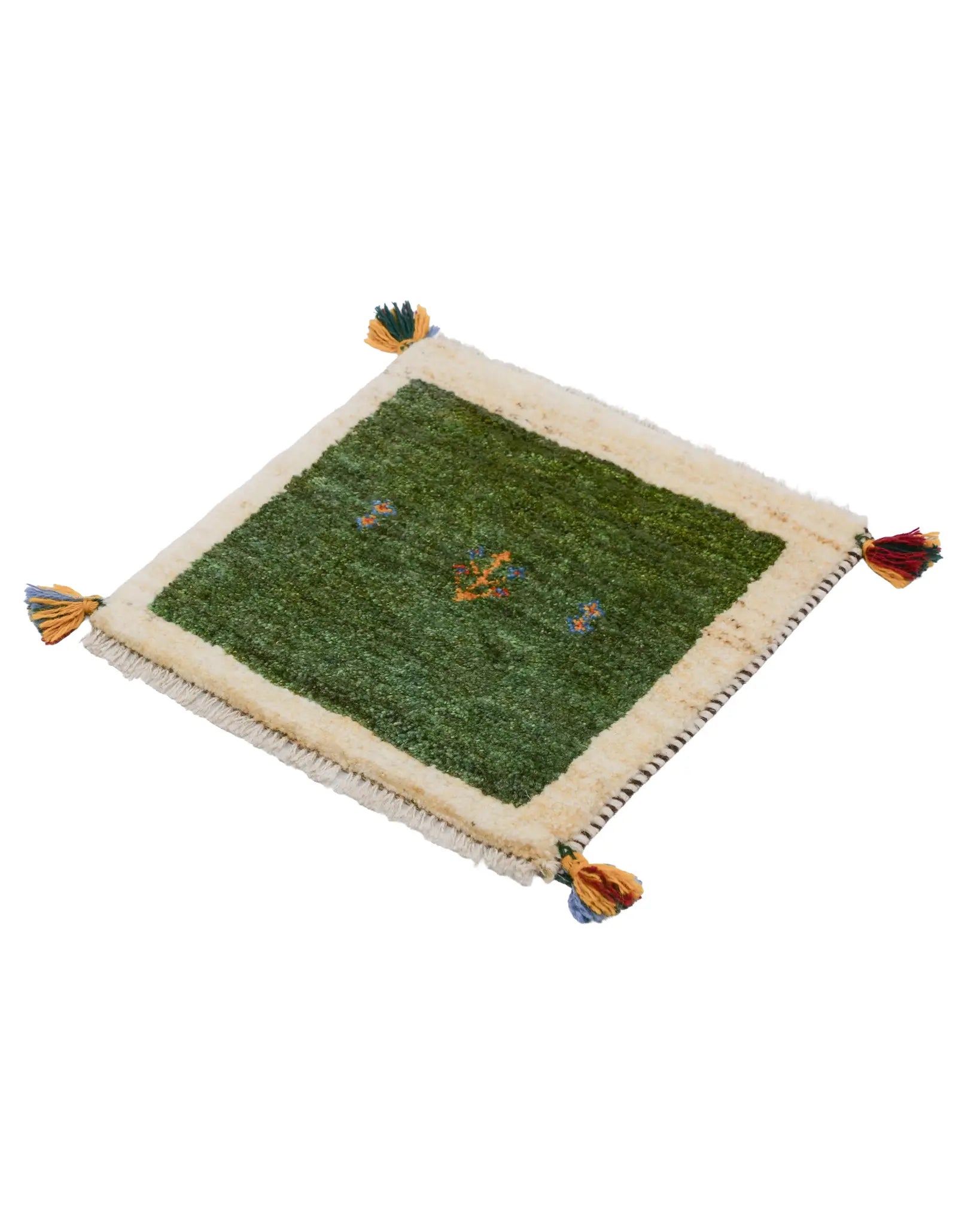 ペルシャ絨毯 ギャッベ 座布団 43x44cm ミニ ラグ 緑 グリーン