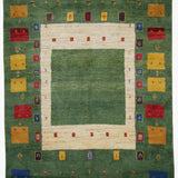 深みのあるグリーンに四角模様が映える手織りギャッベ