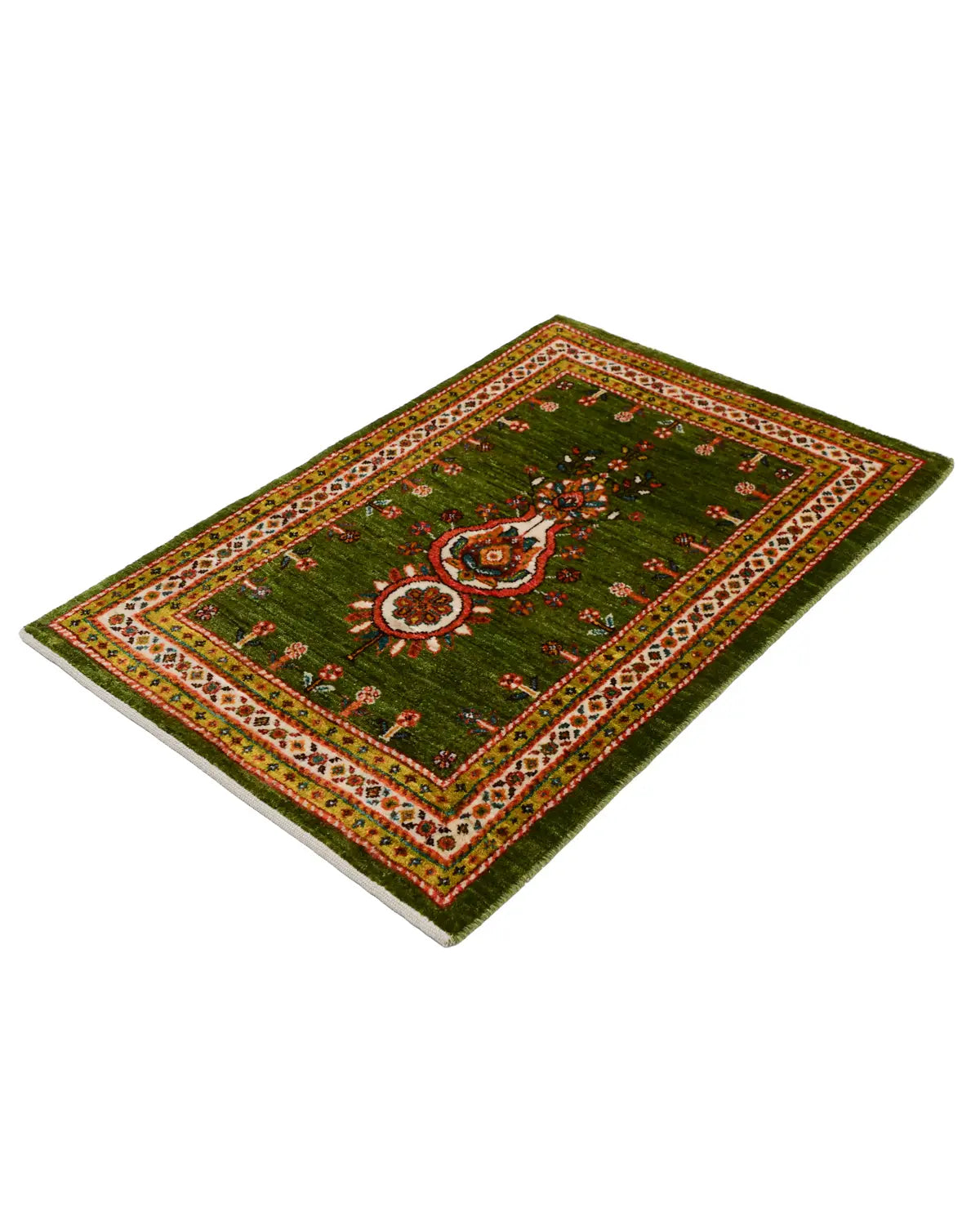 深緑フィールドのギャッベ 花瓶モチーフ 手織り絨毯 玄関マット