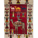 赤い地にらくだと人物文様を描いたウールのペルシャ絨毯ギャッベ 62×90cm 正面からの全体像