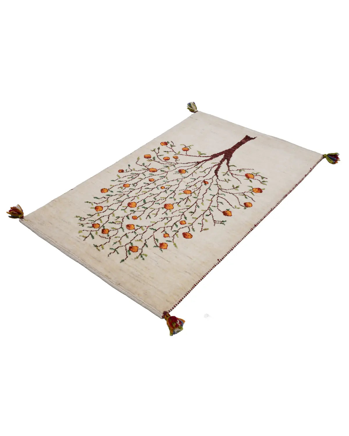 アイボリー地にザクロの木が描かれたウール製ペルシャ絨毯ギャッベ 60×107cm