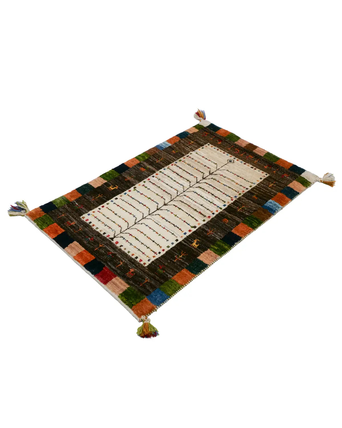 ギャッベ ペルシャ絨毯 シーラーズ産 生命の樹 アイボリー×ブラウン 93×60cm ウール手織り玄関マット
