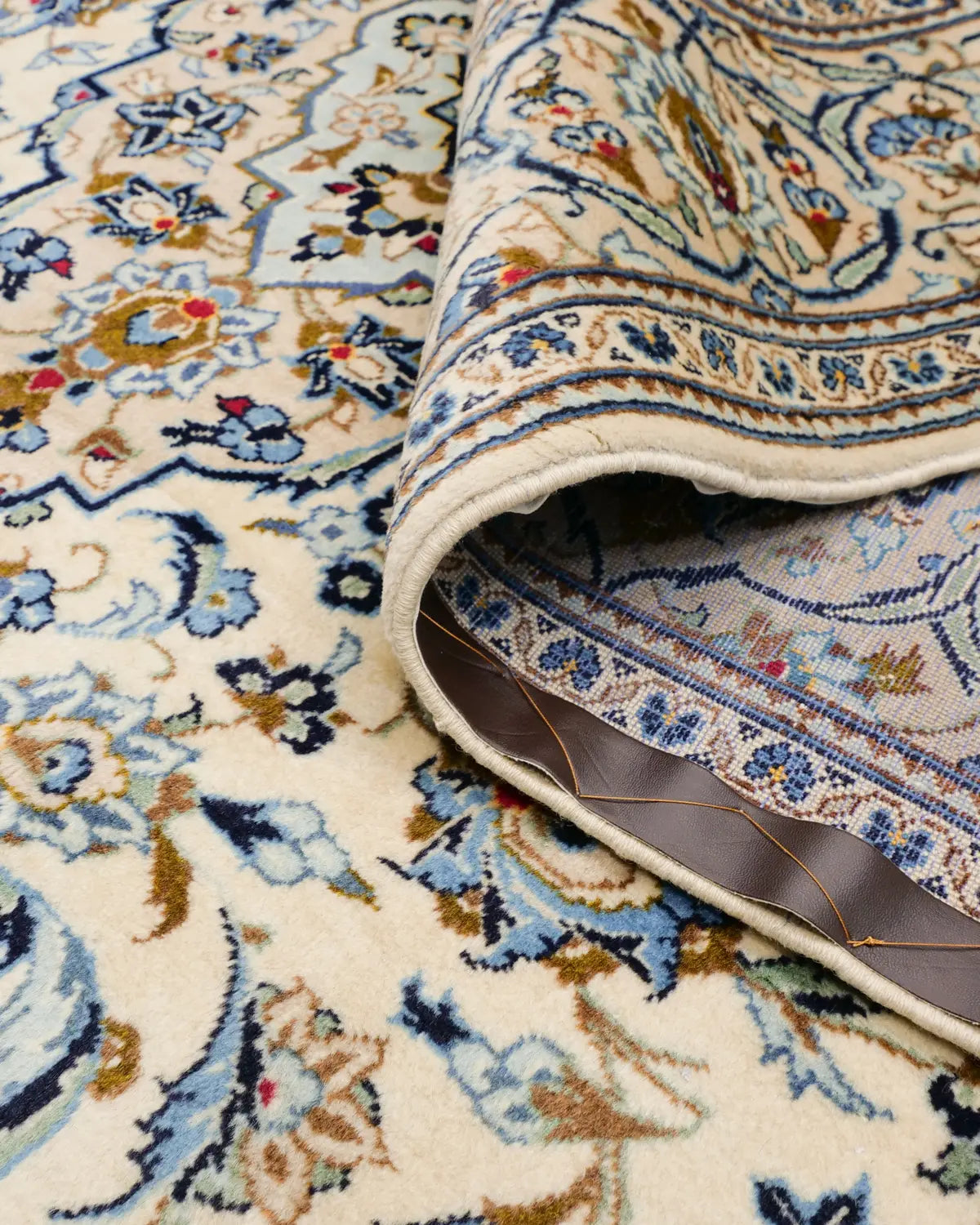 カシャーン産 ペルシャ絨毯 白ベース×ブルー ウールラグ