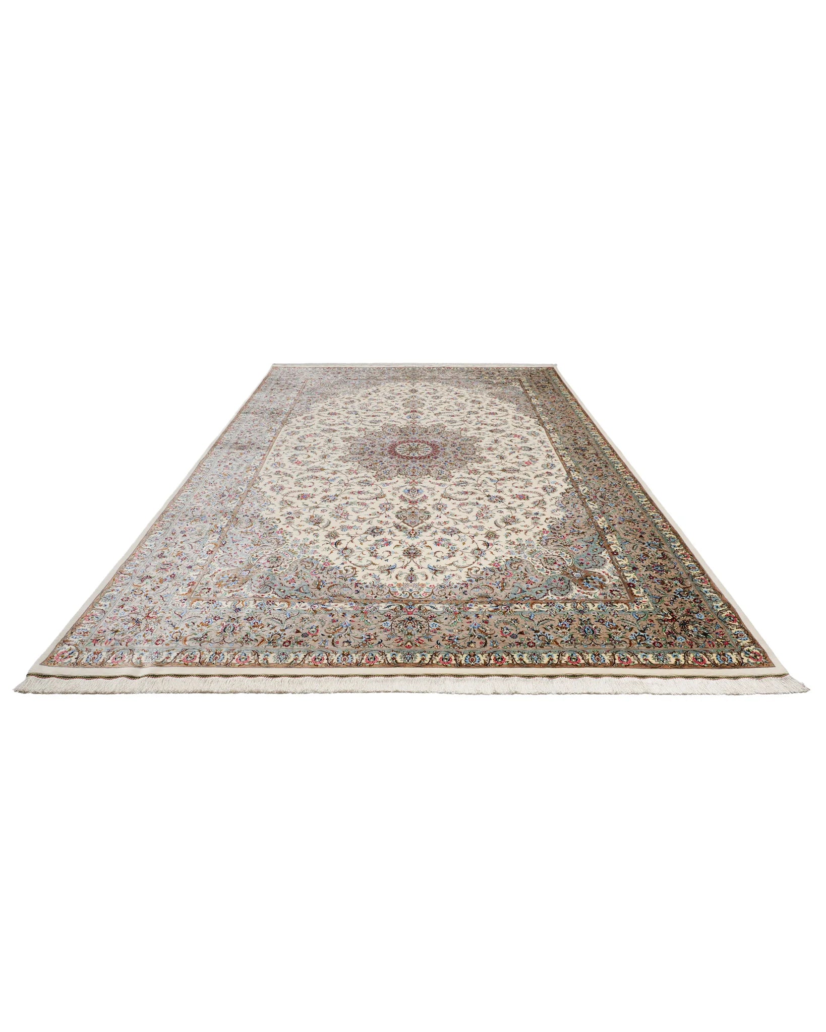 ペルシャ絨毯 カシャーン産 パディディ工房 シルク 約197cm x 298cm アイボリー ホワイト 白 手織り ラグ