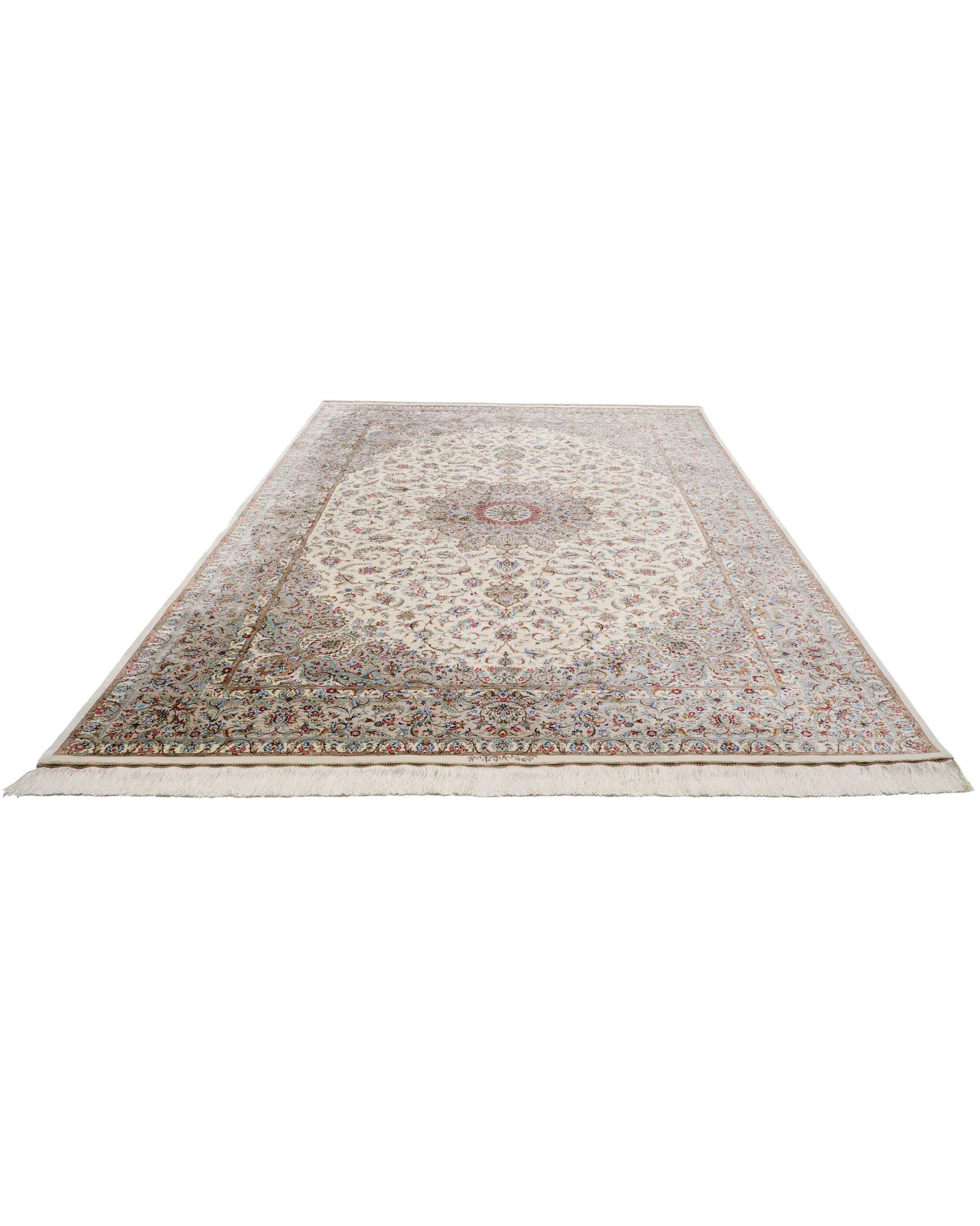 ペルシャ絨毯 カシャーン産 パディディ工房 シルク 約197cm x 298cm アイボリー ホワイト 白 手織り ラグ