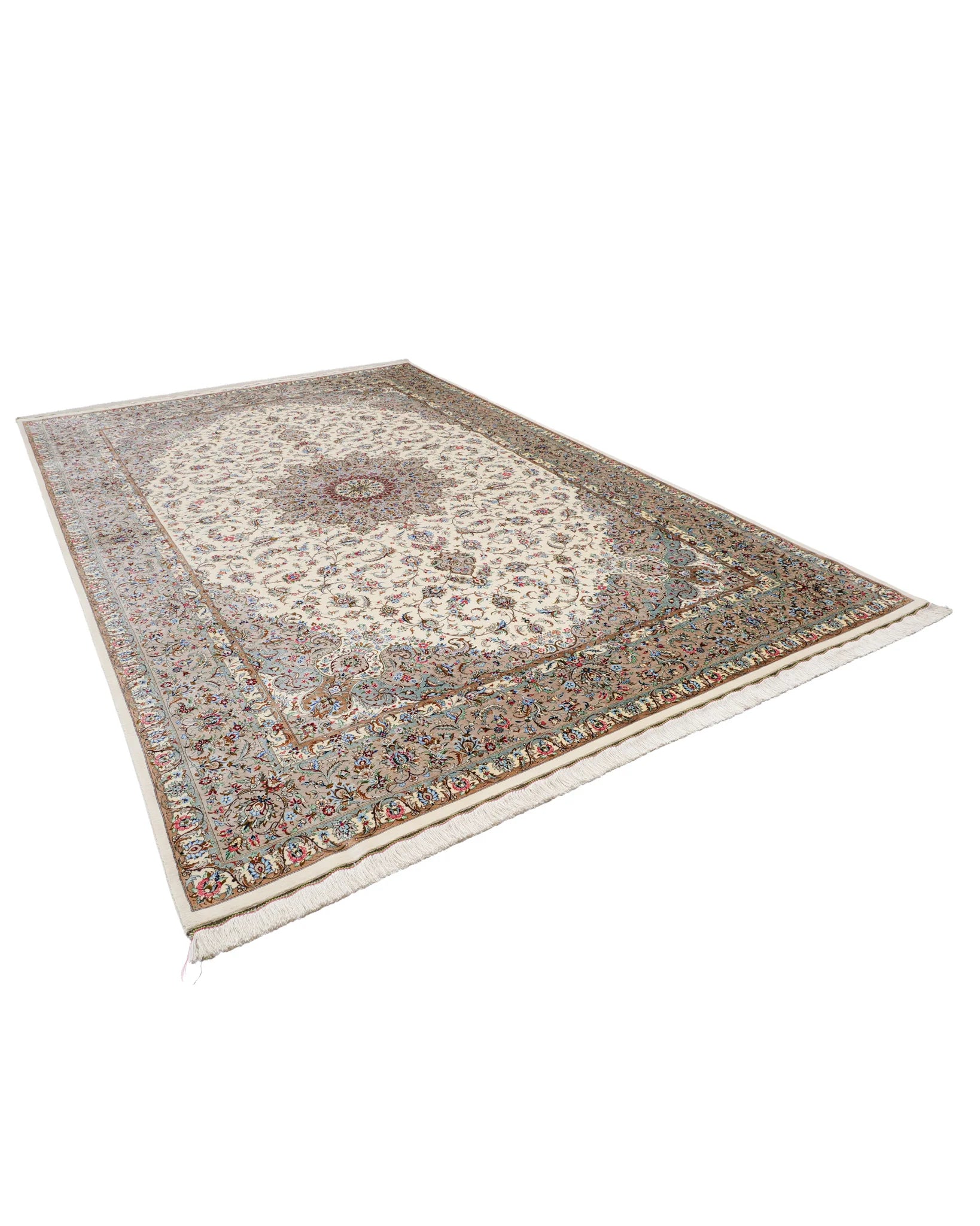 ペルシャ絨毯 カシャーン産 パディディ工房 シルク 約197cm x 298cm アイボリー ホワイト 白 手織り ラグ