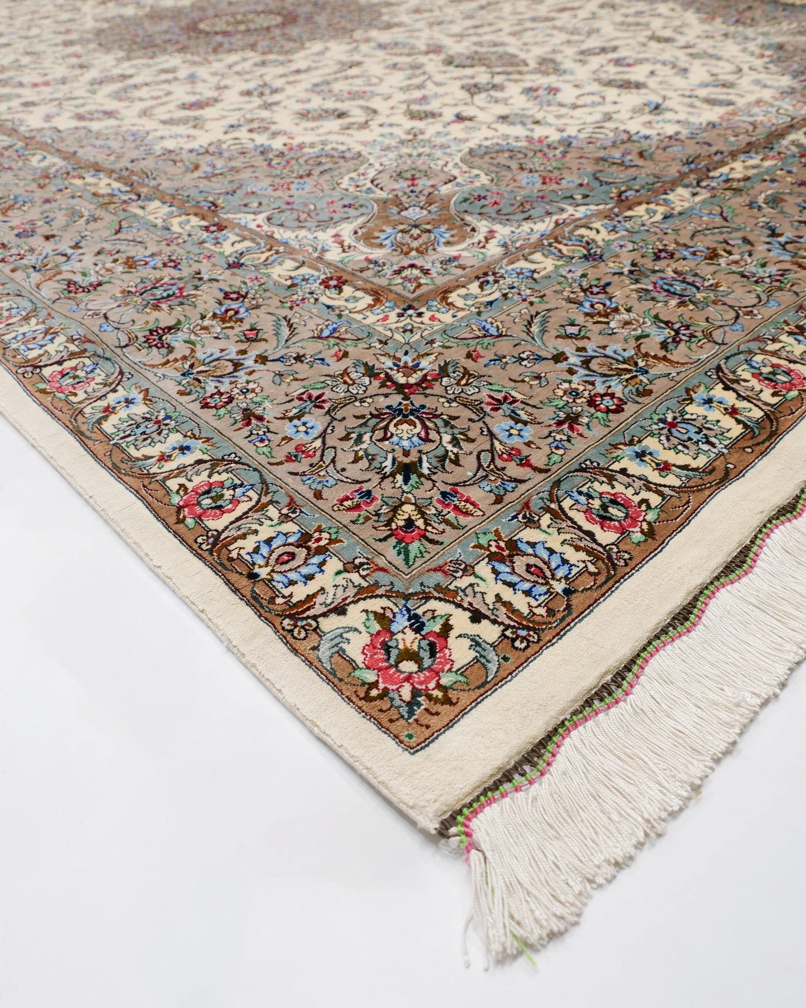 ペルシャ絨毯 カシャーン産 パディディ工房 シルク 約197cm x 298cm アイボリー ホワイト 白 手織り ラグ