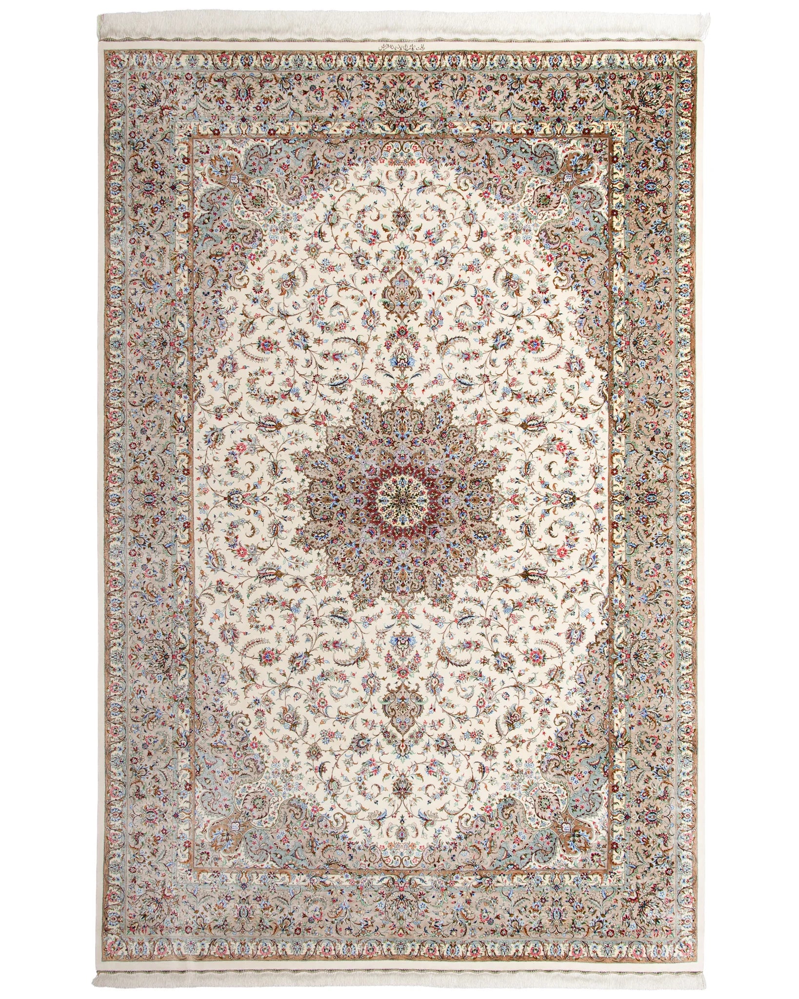 ペルシャ絨毯 カシャーン産 パディディ工房 シルク 約197cm x 298cm アイボリー ホワイト 白 手織り ラグ