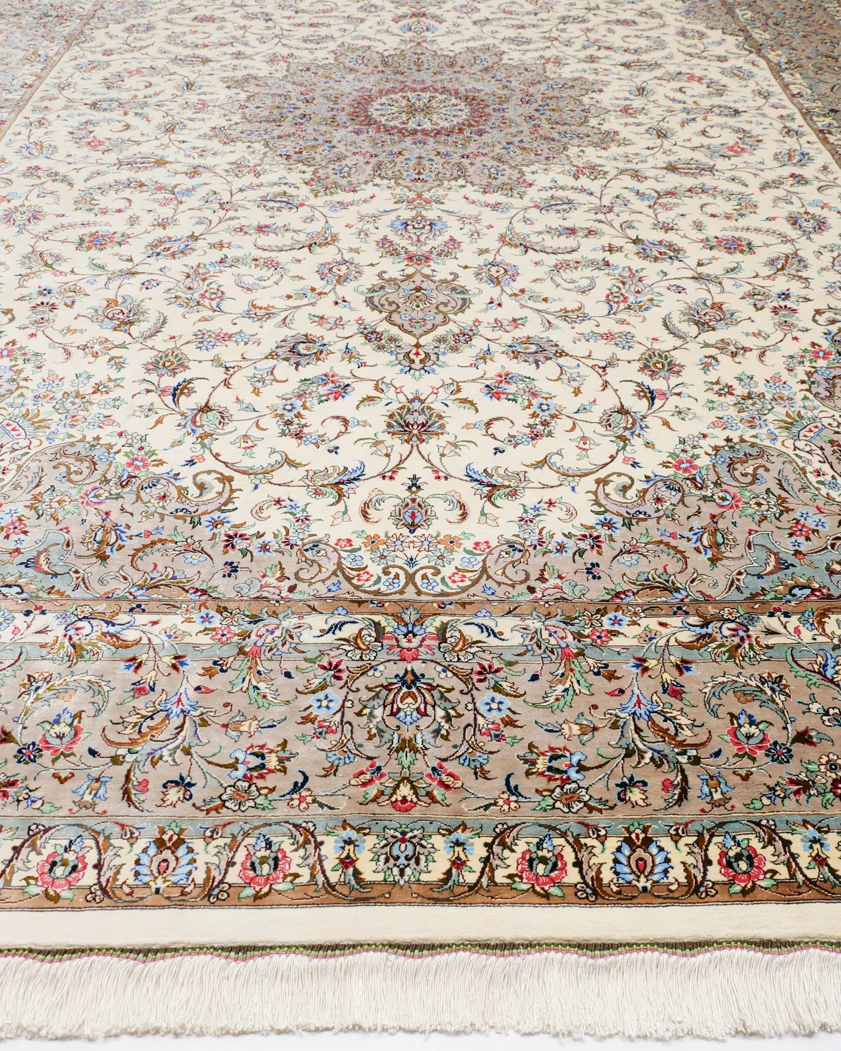 ペルシャ絨毯 カシャーン産 パディディ工房 シルク 約197cm x 298cm アイボリー ホワイト 白 手織り ラグ