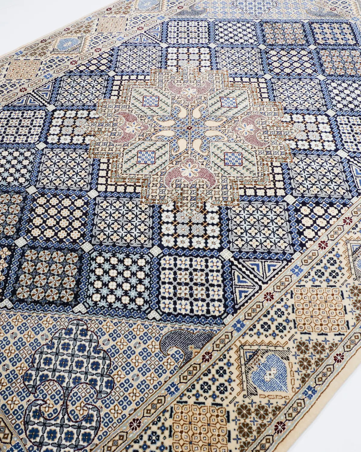 手織りペルシャラグ ナイン産ウール アイボリー ブルー